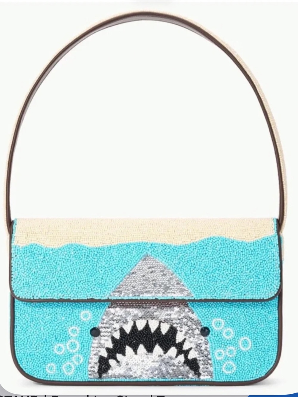 STAUD Beaded Shark Appliqué Shoulder Bag in Turquoise and Cream